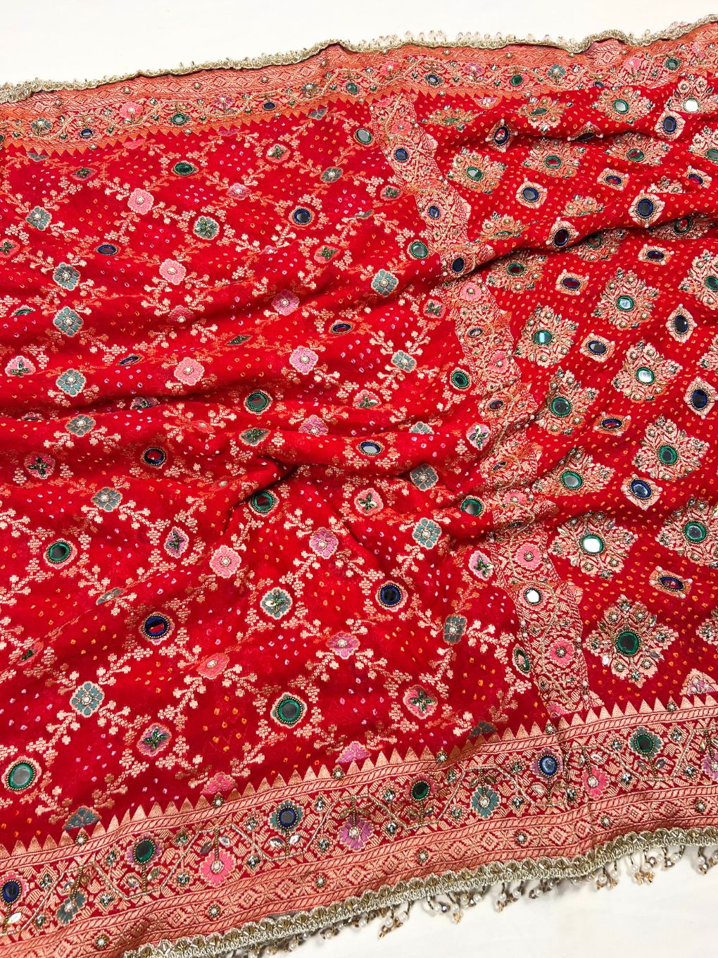 Red Bandhej Saree full View