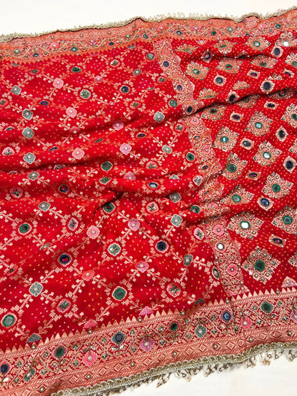 Red Bandhej Saree full View