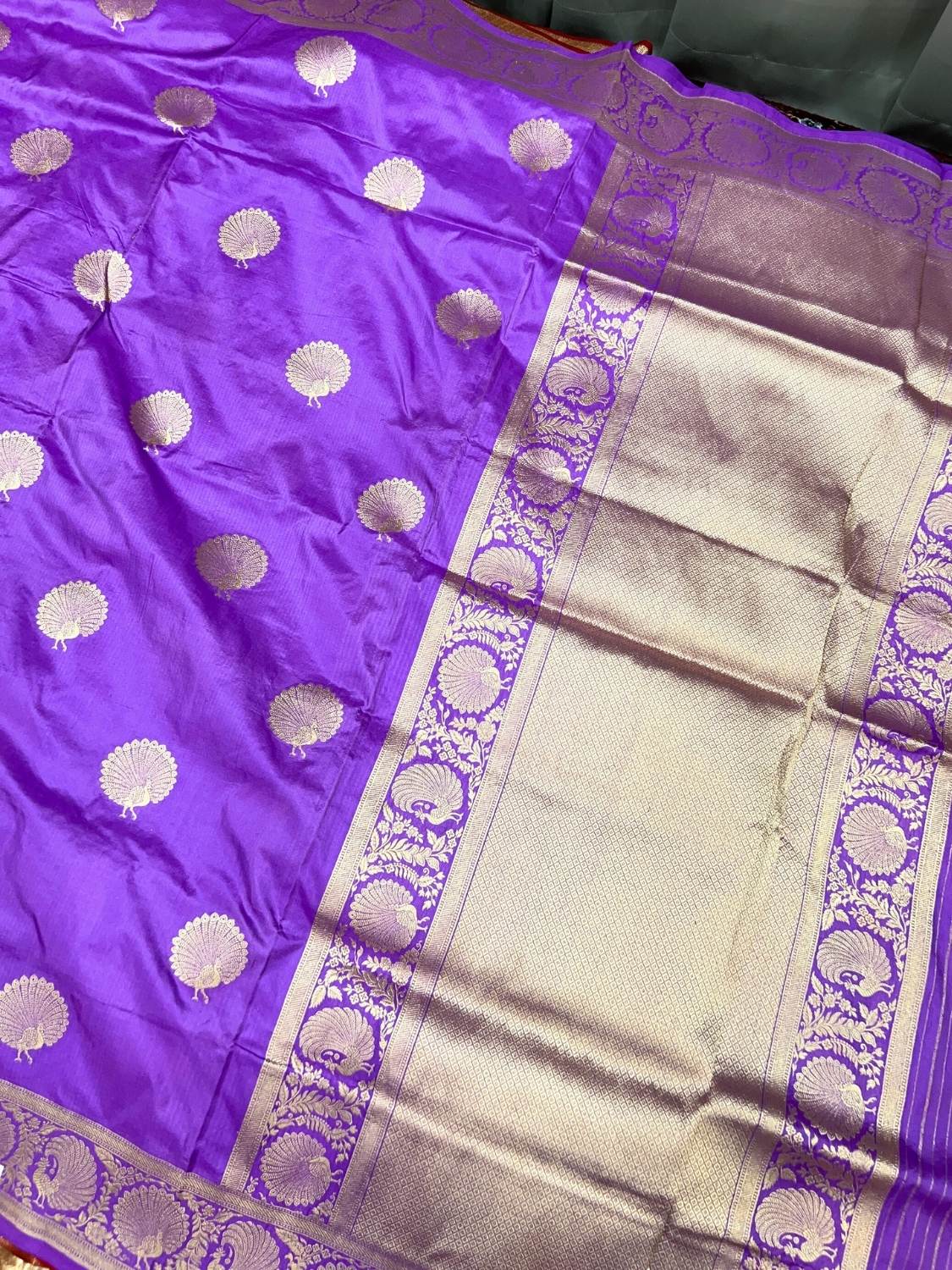 Purple Katan Silk Saree with zari peacock buti full view