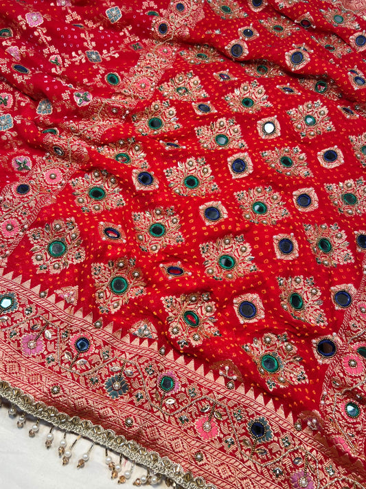 Red Bandhej Banarasi Saree with mirror and hand embroidery closeup view 01