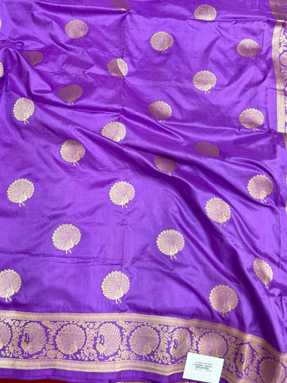 Purple Katan Silk Saree with zari peacock buti closeup view
