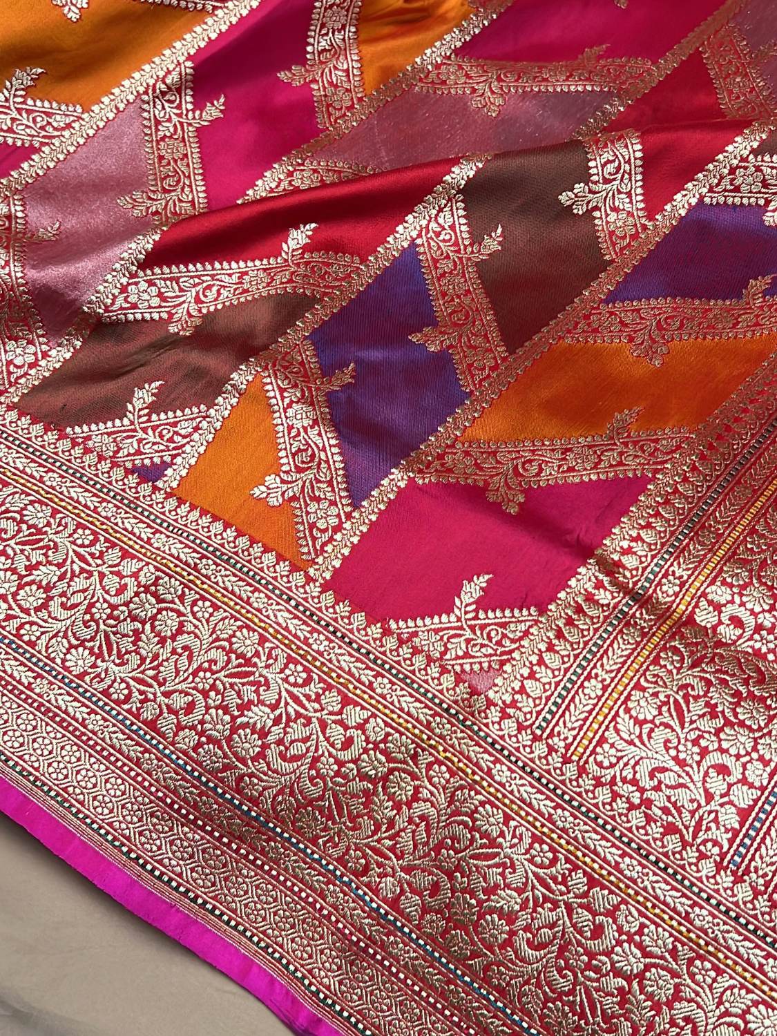 Red Katan Silk Saree with geometric closeup view 02