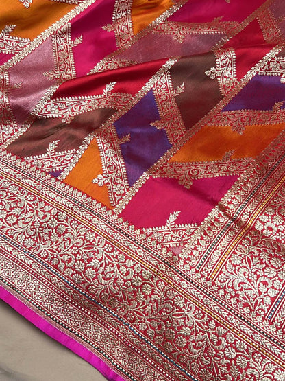 Red Katan Silk Saree with geometric closeup view 02