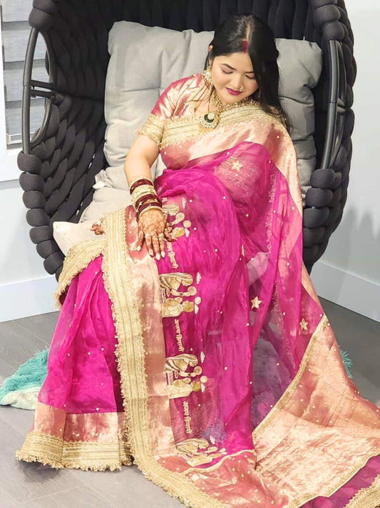 Hot pink Karwa Chauth Banarasi silk saree for traditional wear