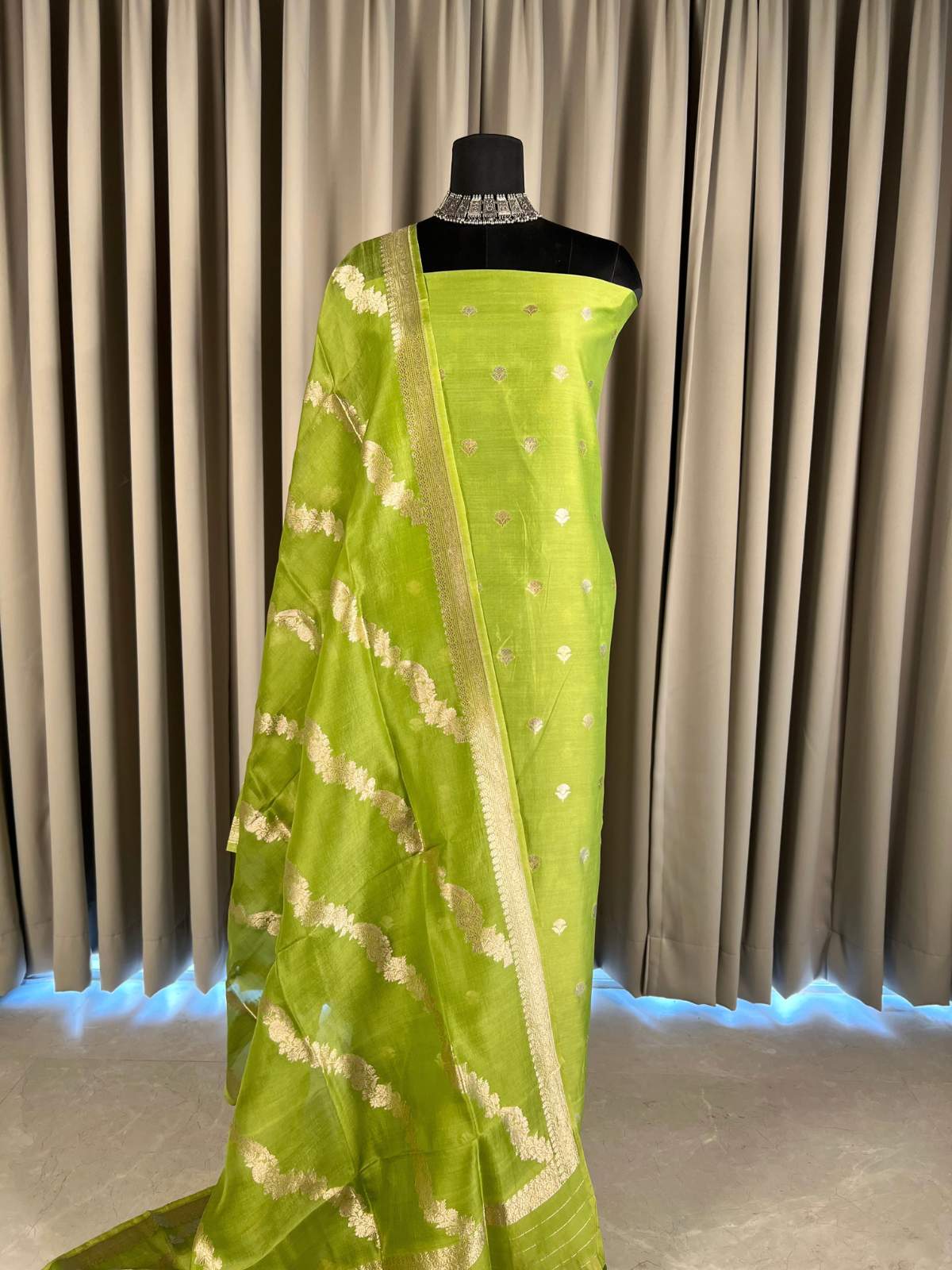 Lime Green Chiniya Suit with Golden Buti full view
