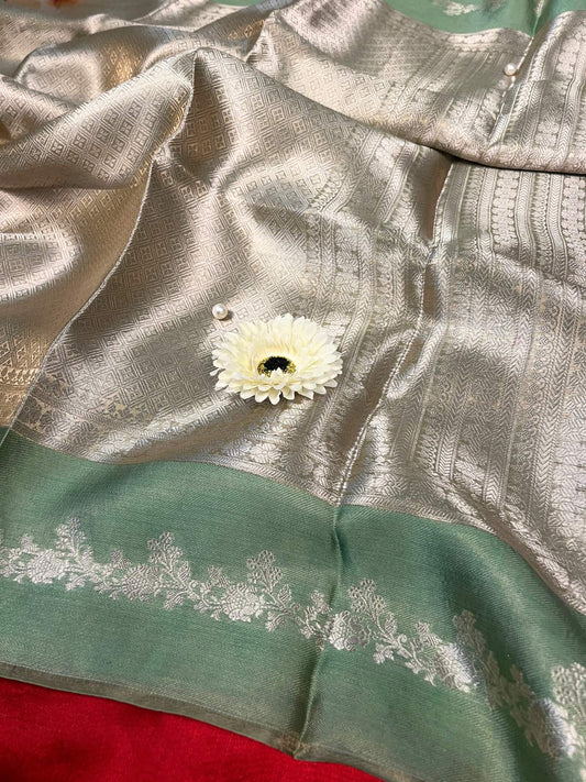 Sea Green Brocade Tissue Silk Saree with Zari Work closeup view