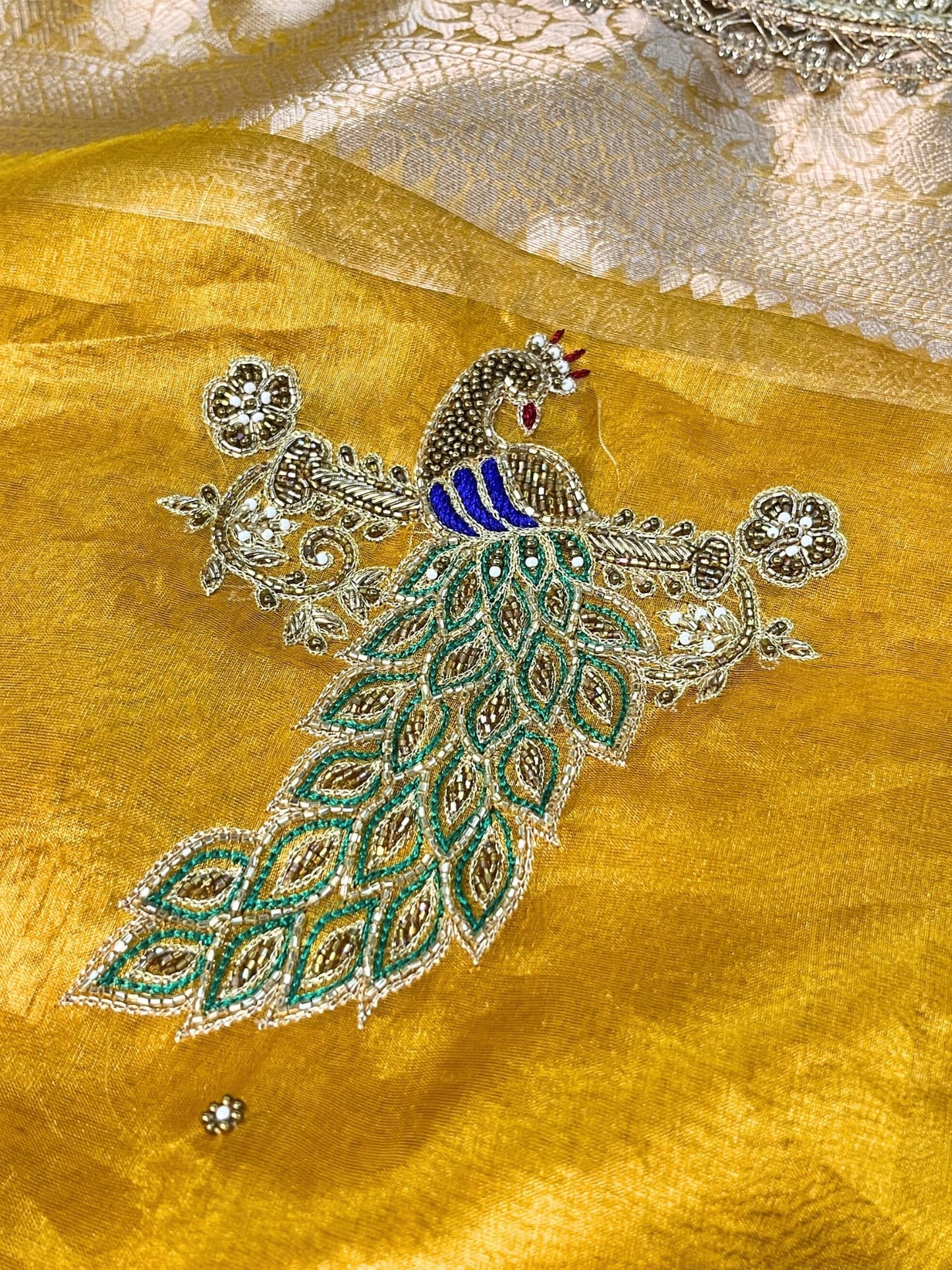 Hand Embroidered Mustard Yellow Tissue Silk Saree with Peacock Motifs and Scattered Buti, Paired with Unstitched Brocade Blouse – Traditional Indian Ethnic Wear