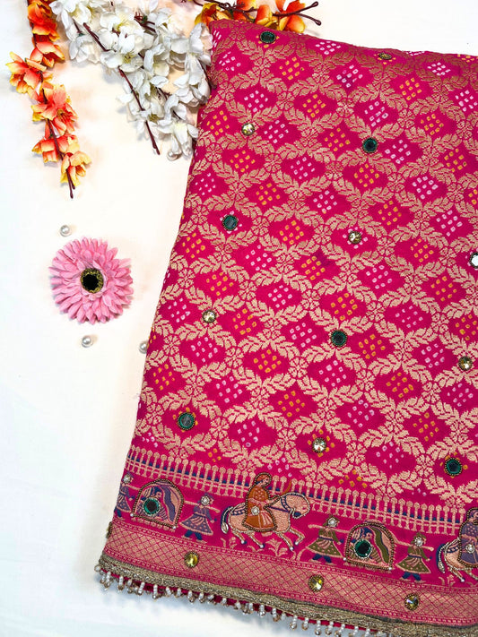 Pink Bandhej Banarasi Saree with mirror and hand embroidery.front view