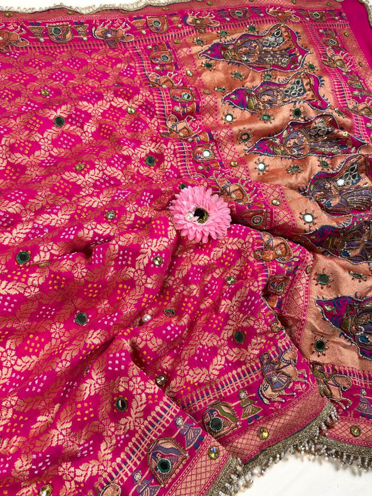 Pink Bandhej Saree Full view