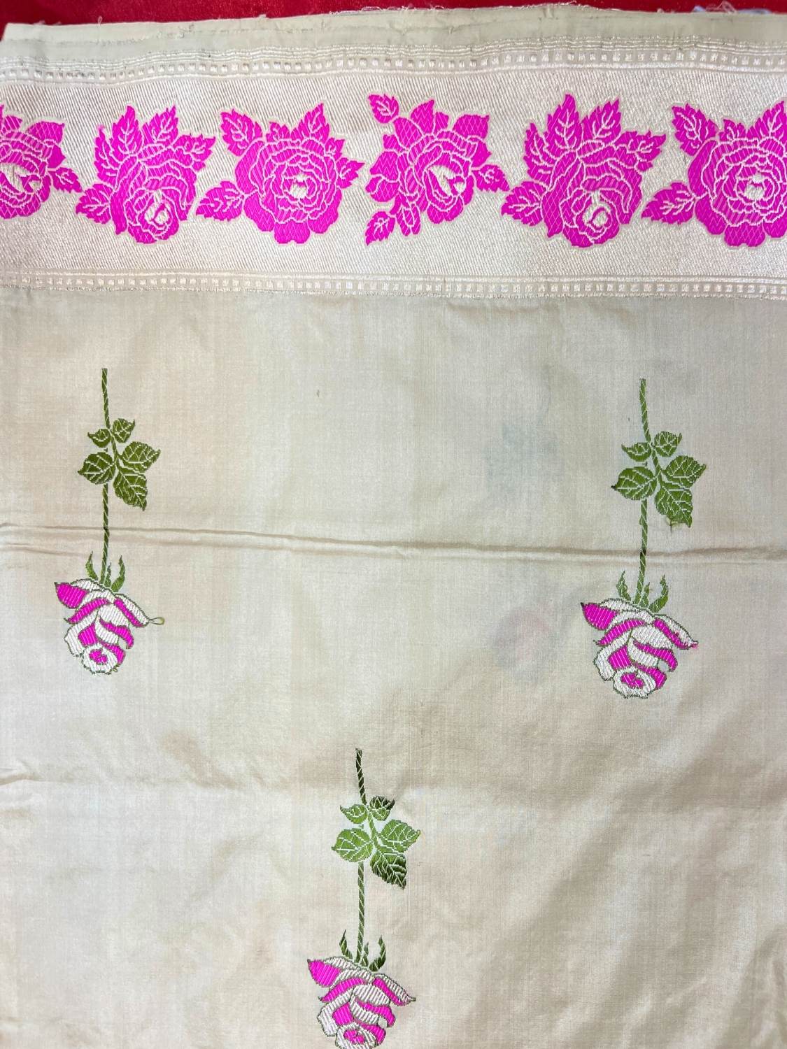 Beige Katan Silk Saree with zari buti Closeup view 02