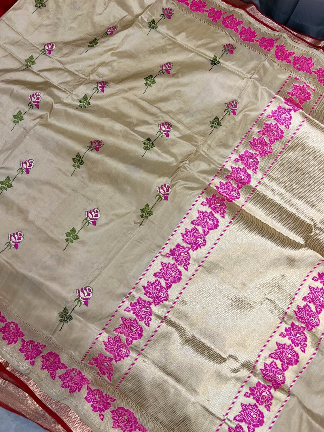 Beige Katan Silk Saree with zari buti full view 02