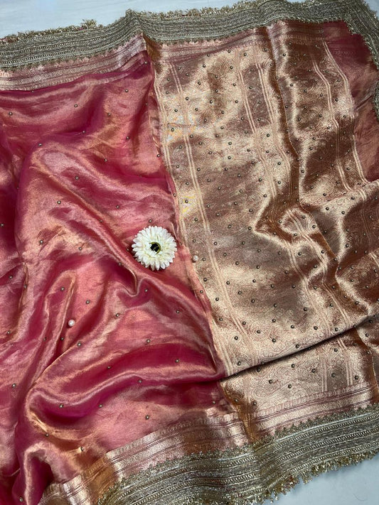  Peach Pink Pure Banarasi Tissue Silk Saree Maharani Embroidery Buti Full View