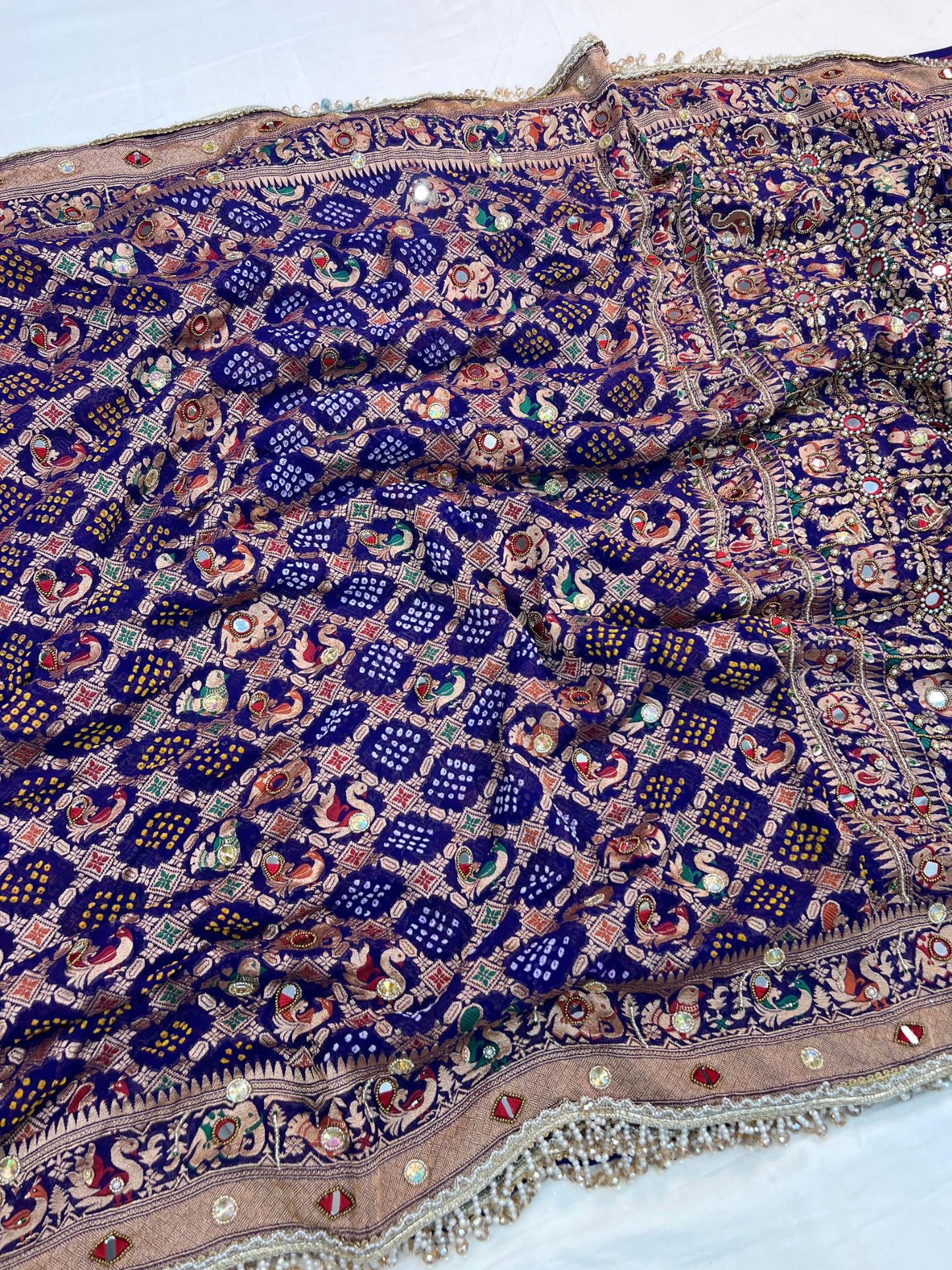  Royal Blue Bandhej Saree Withwith mirror and hand embroidery Full View