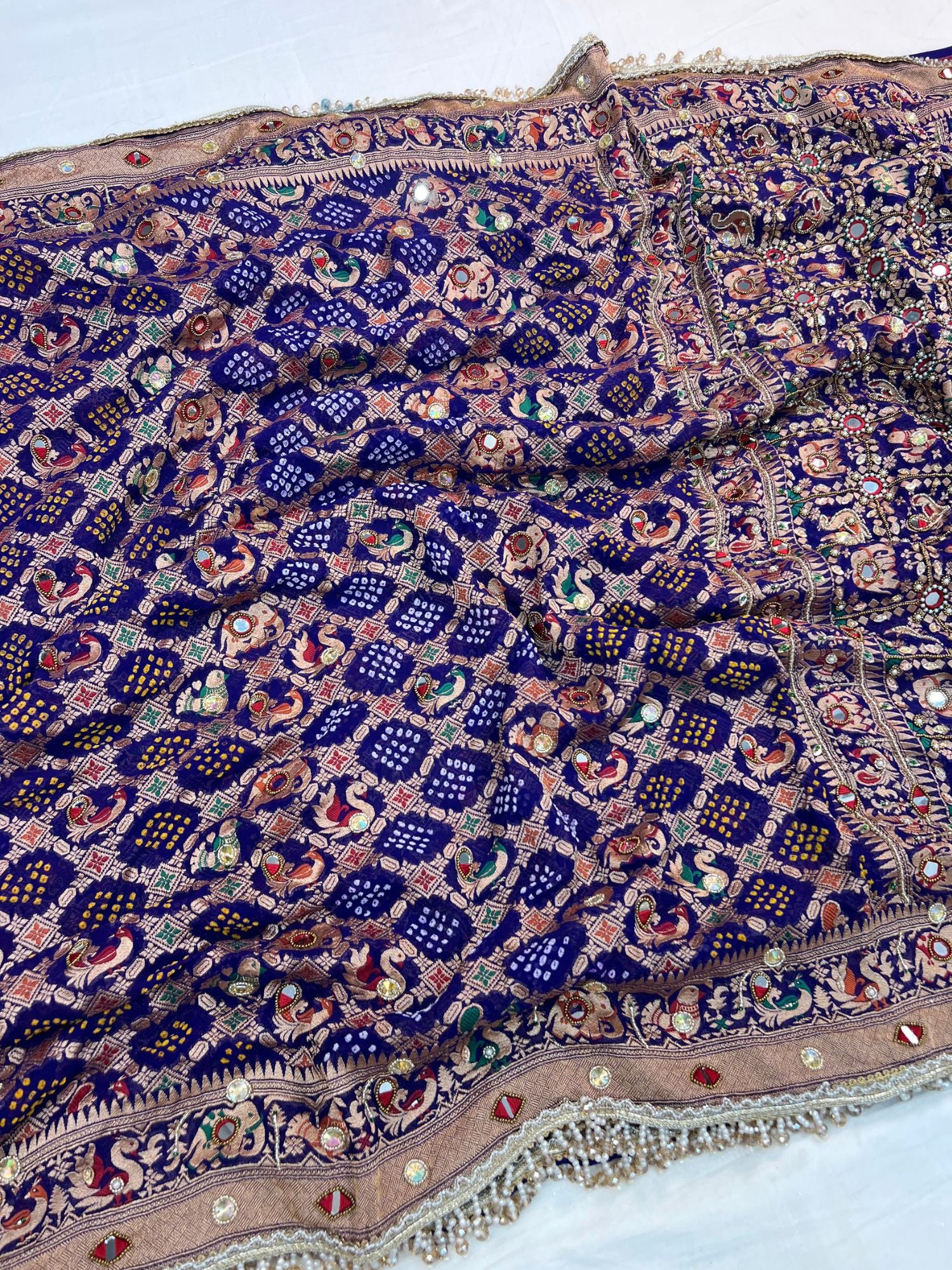  Royal Blue Bandhej Saree Withwith mirror and hand embroidery Full View