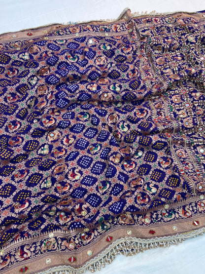  Royal Blue Bandhej Saree Withwith mirror and hand embroidery Full View