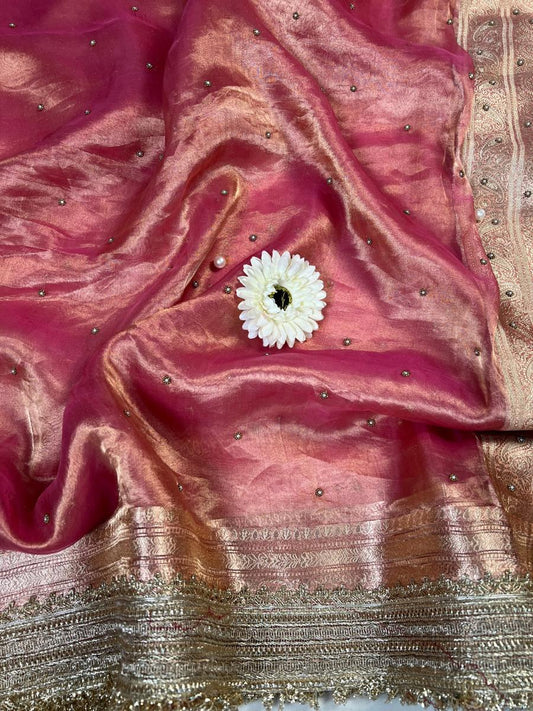  Peach Pink Pure Banarasi Tissue Silk Saree Maharani Embroidery Buti closeup view