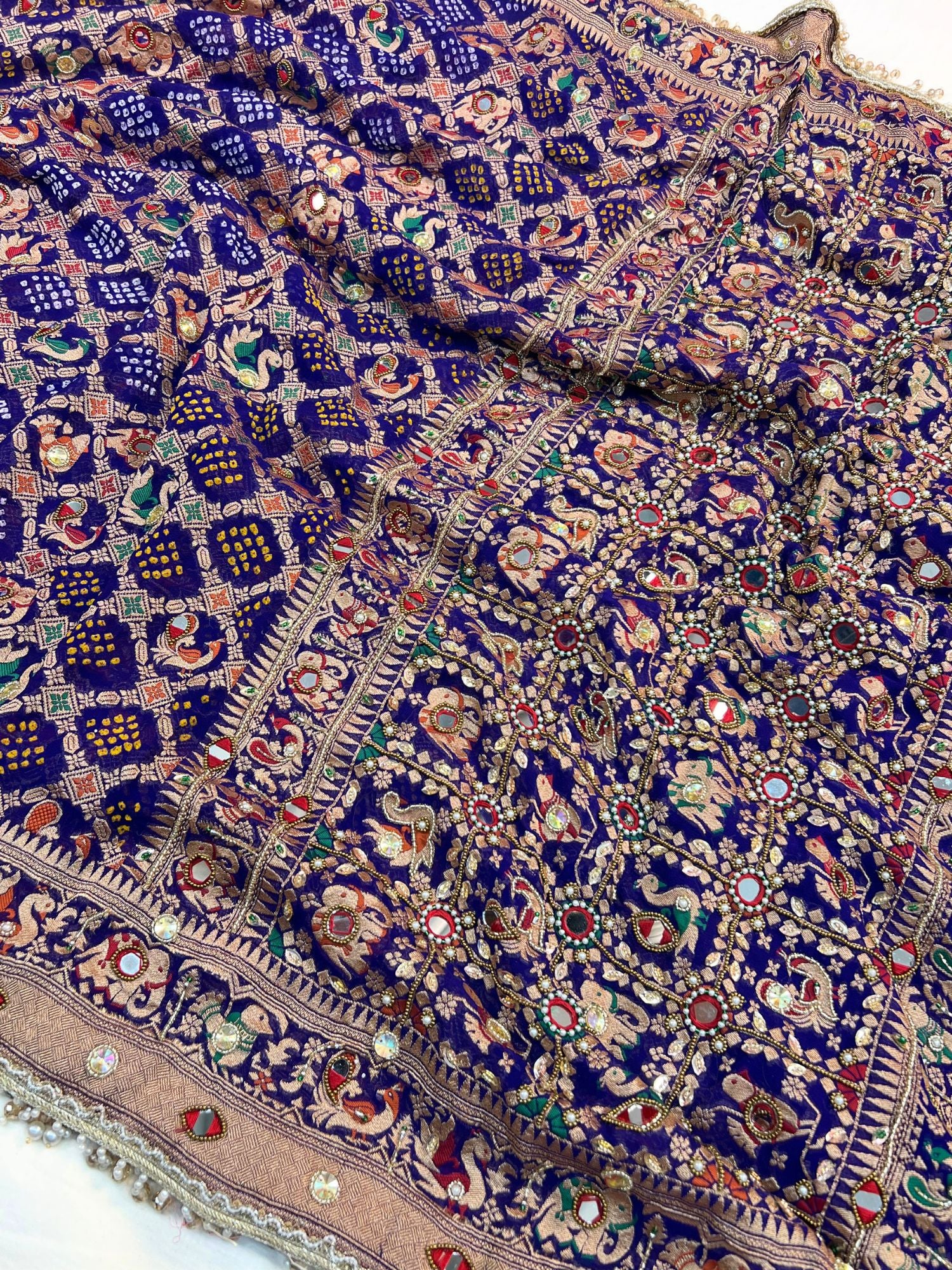 Royal Blue Bandhej Saree Withwith mirror and hand embroidery Closeup View 01