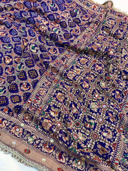  Royal Blue Bandhej Saree Withwith mirror and hand embroidery Closeup View 01
