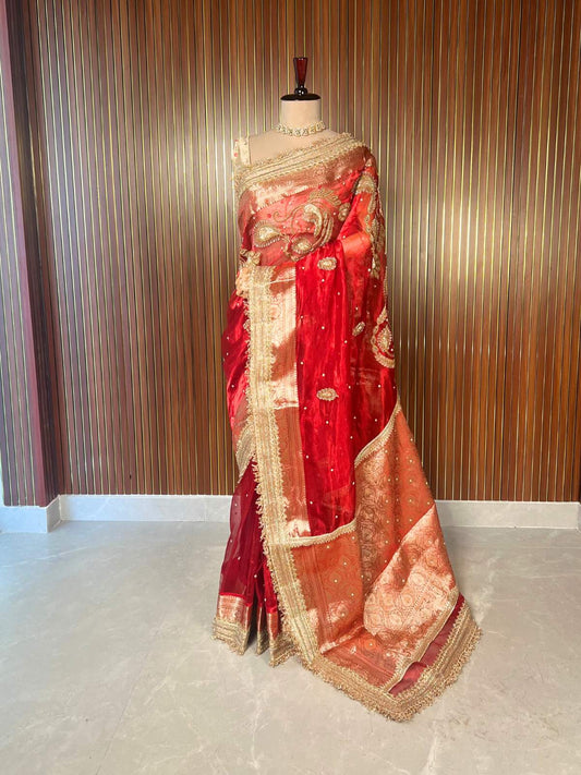 “Royal Red Mor Pankh saree with peacock feather inspired design for weddings and festivals”