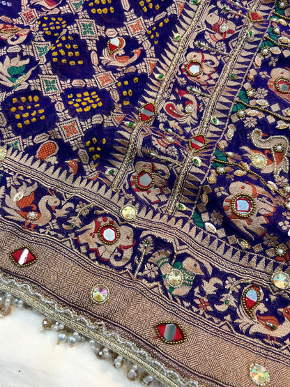  Royal Blue Bandhej Saree Withwith mirror and hand embroidery Closeup View 02