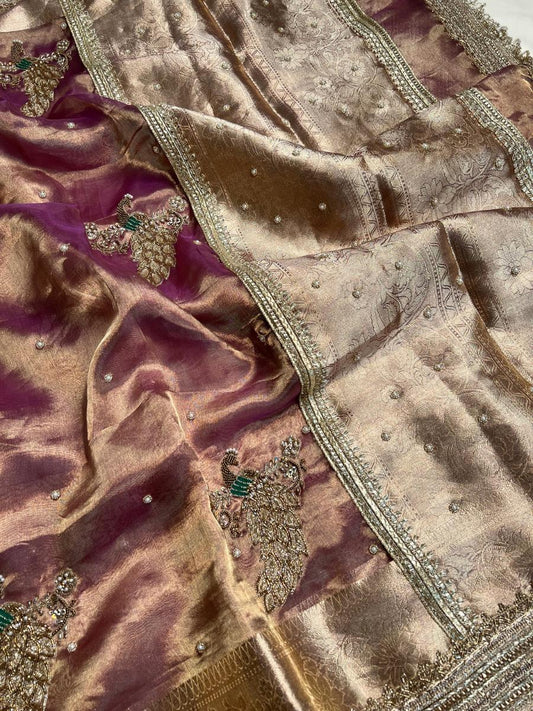 Peach Pure Tissue Silk Saree Mayur With Hand Embroidered Peacock closeup view 01