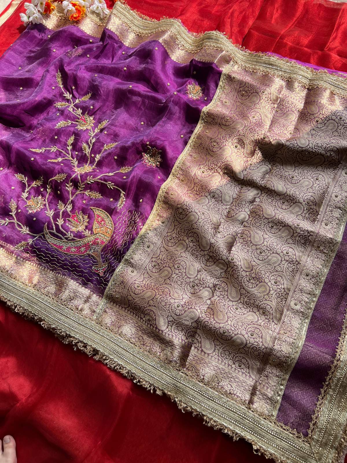 Purple Pure Tissue silk saree with Hand Embroidered Chirag full view