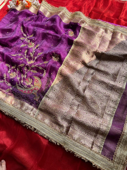 Purple Pure Tissue silk saree with Hand Embroidered Chirag full view