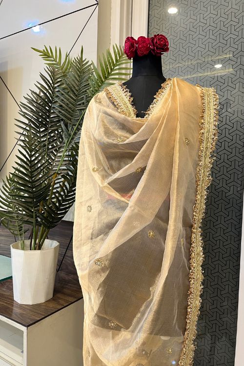 Golden Hand Embroidered Tissue Silk Dupatta