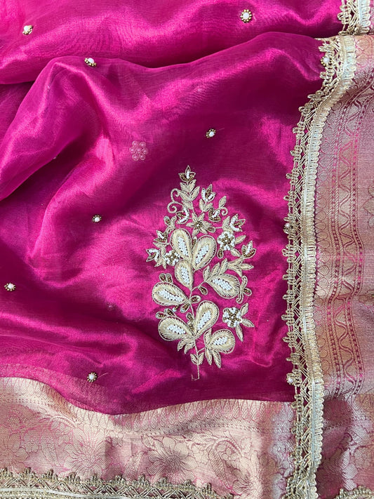 Pink Guldasta Hand-Embroidered Tissue Silk Saree