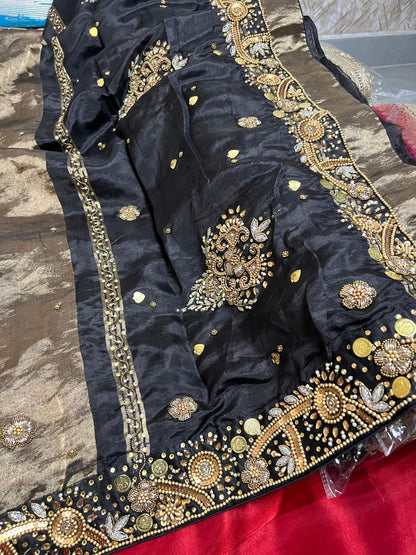 Black Tissue Silk Saree Gehna With Floral And Paisly Closeup View 02
