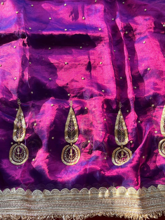 Purple Pure Banarasi Tissue Silk Saree Kalgi with Hand Embroidered Leaf Motif closeup view