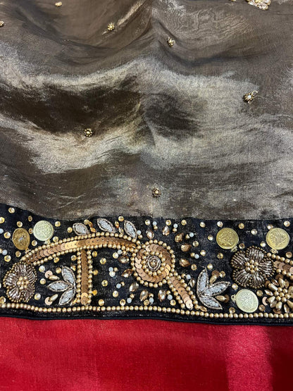 Black Tissue Silk Saree Gehna With Floral And Paisly Closeup View 01