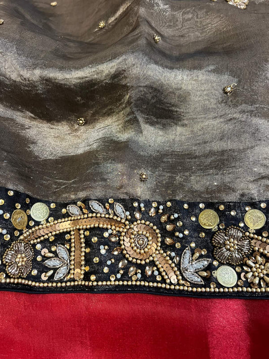 Black Tissue Silk Saree Gehna With Floral And Paisly Closeup View 01