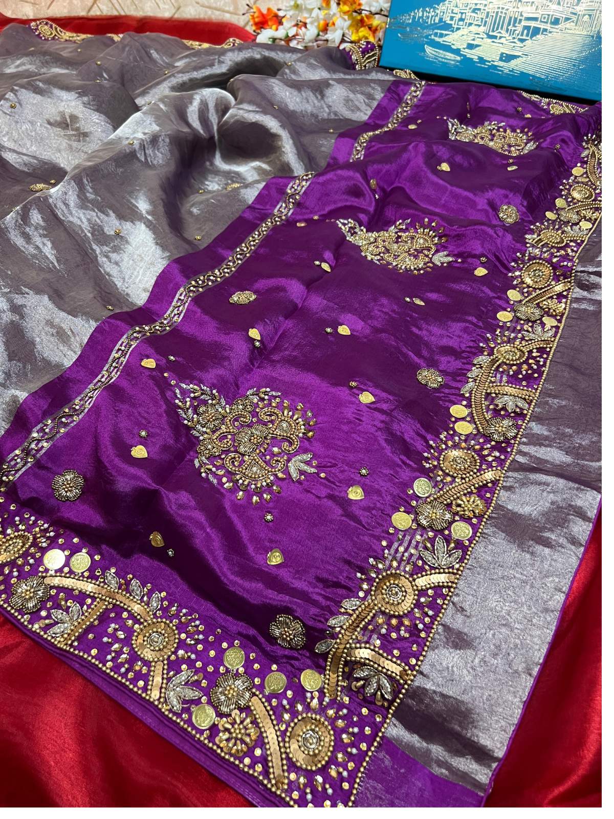 Purple Tissue Silk Saree Gehna With Floral And Paisly Closeup View