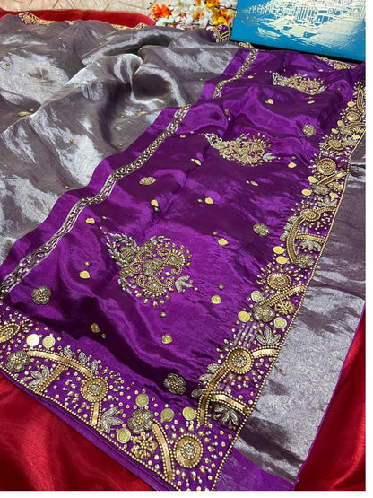 Purple Tissue Silk Saree Gehna With Floral And Paisly Closeup View