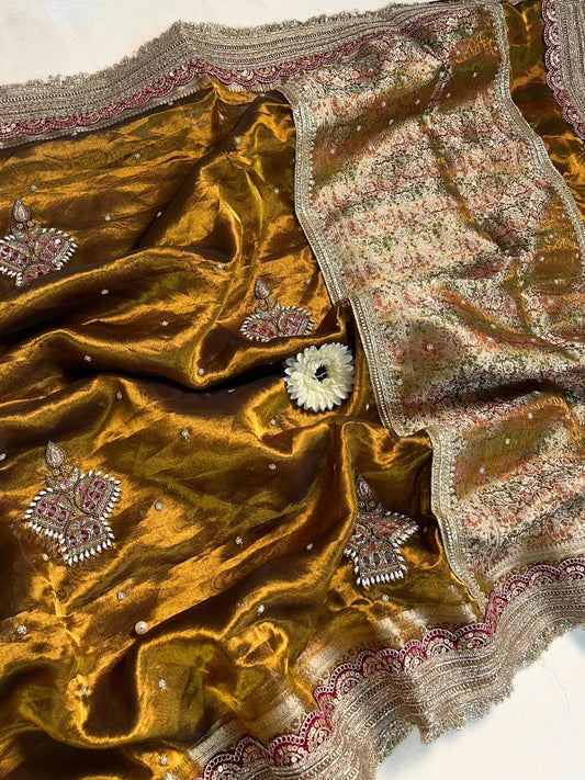 Mehendi Green Pure Tissue Silk Saree Rangmahal With Handembroidery Full View