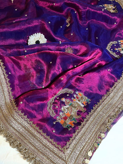 Purple Banarasi Tissue Silk Saree Mehrab Closeup view