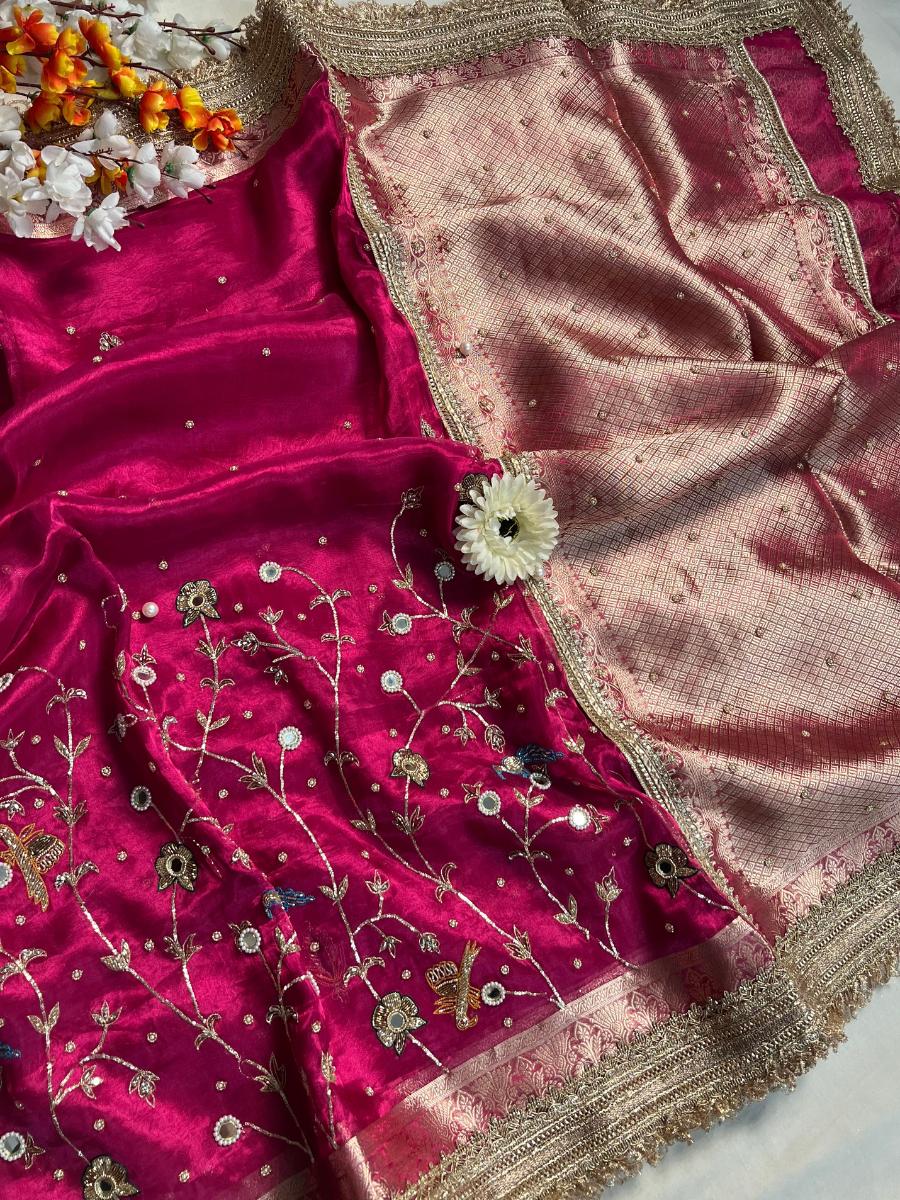Hot Pink Tissue Silk Saree Gulmohar full view