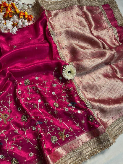 Hot Pink Tissue Silk Saree Gulmohar full view