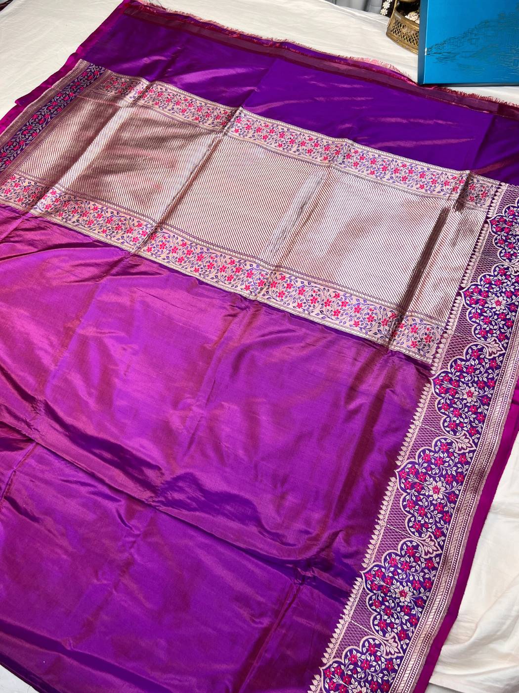Dark Magenta Katan Silk Saree with floral zari border full view