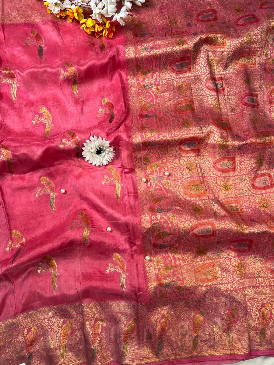 Pink Viscose Silk Saree Full View