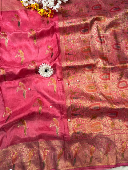 Pink Viscose Silk Saree Full View