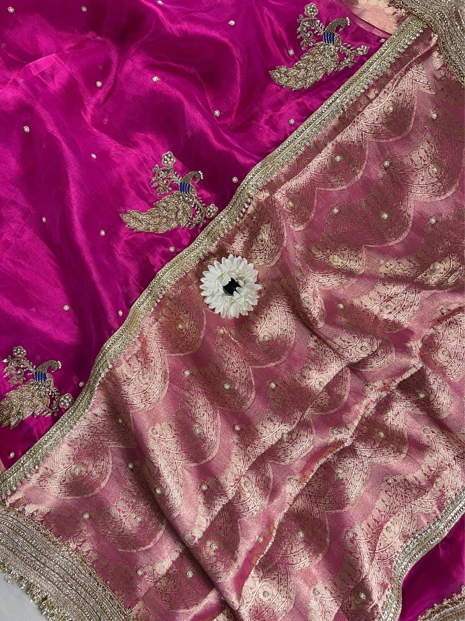 Hot Pink Mayur Tissue Silk Saree closeup view 01