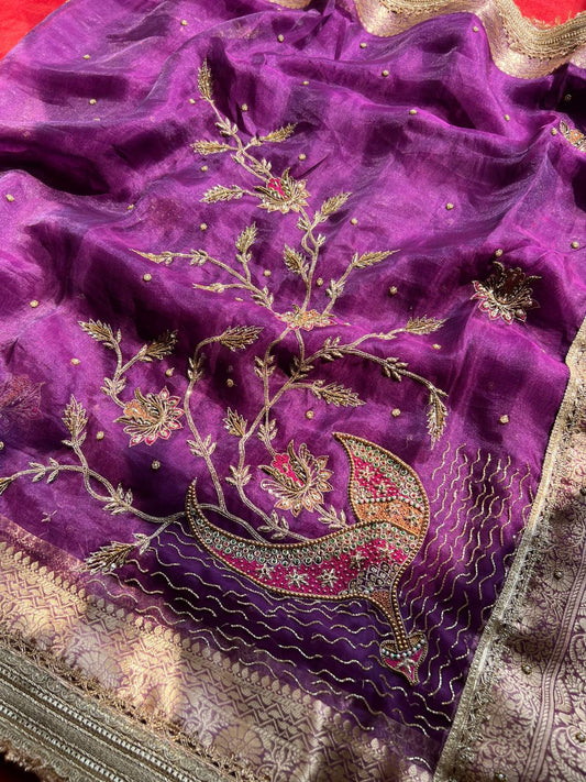 Purple Pure Tissue silk saree with Hand Embroidered Chirag closeup view