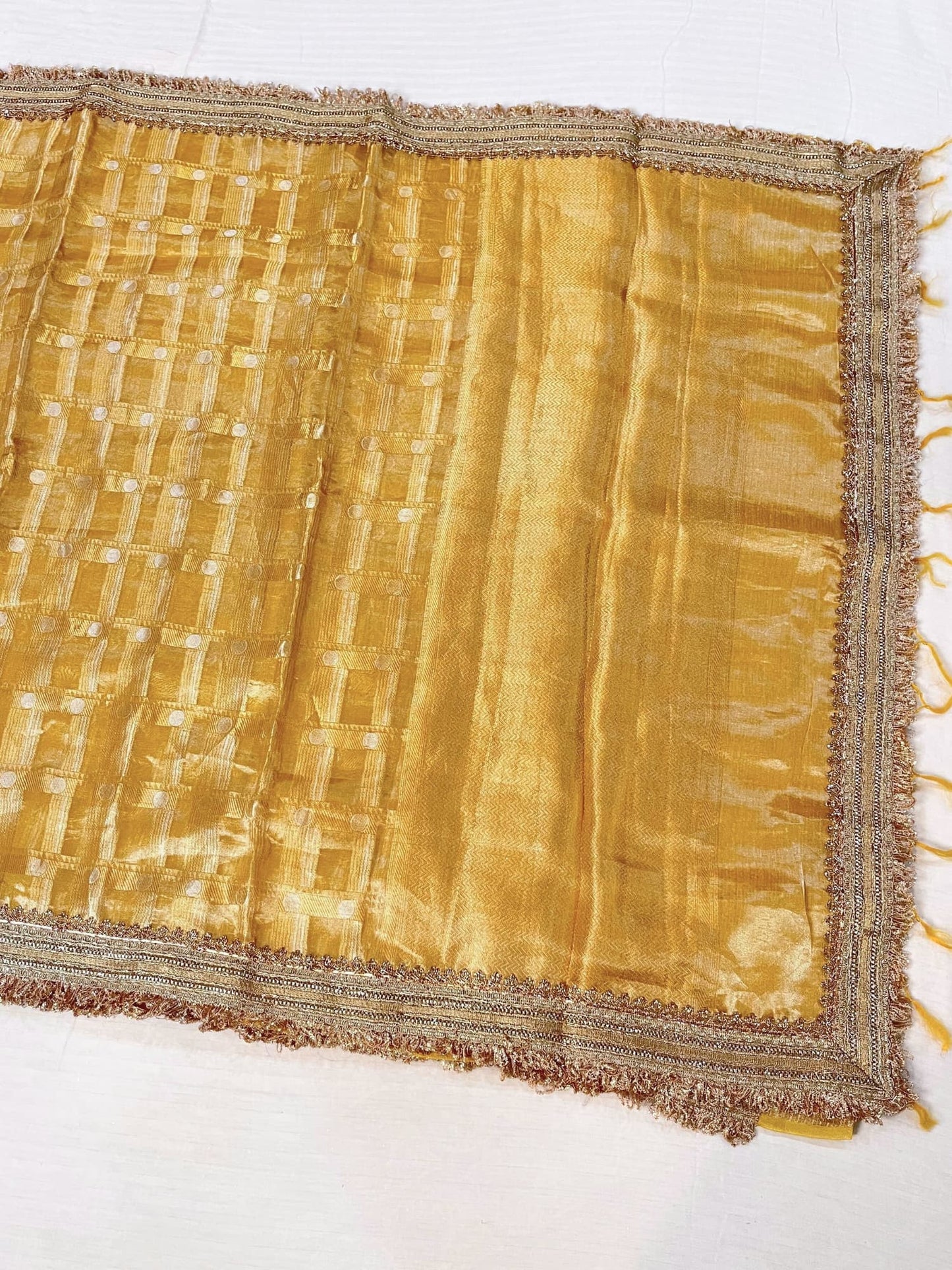 Yellow Banarasi Tissue Silk Saree with shimmering texture and brocade blouse – handwoven festive silk saree from Banaras.