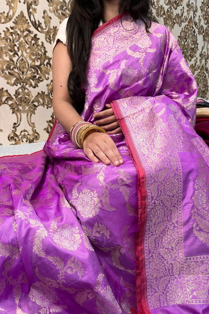 Handwoven Purple Katan Silk Saree with golden and silver floral jaal and magenta contrast border