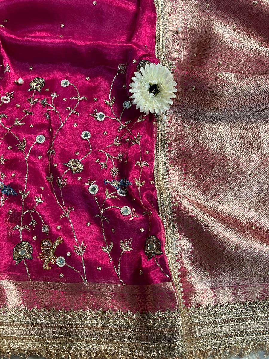 Hot Pink Tissue Silk Saree Gulmohar Closeup view 01