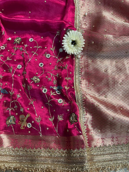Hot Pink Tissue Silk Saree Gulmohar Closeup view 01