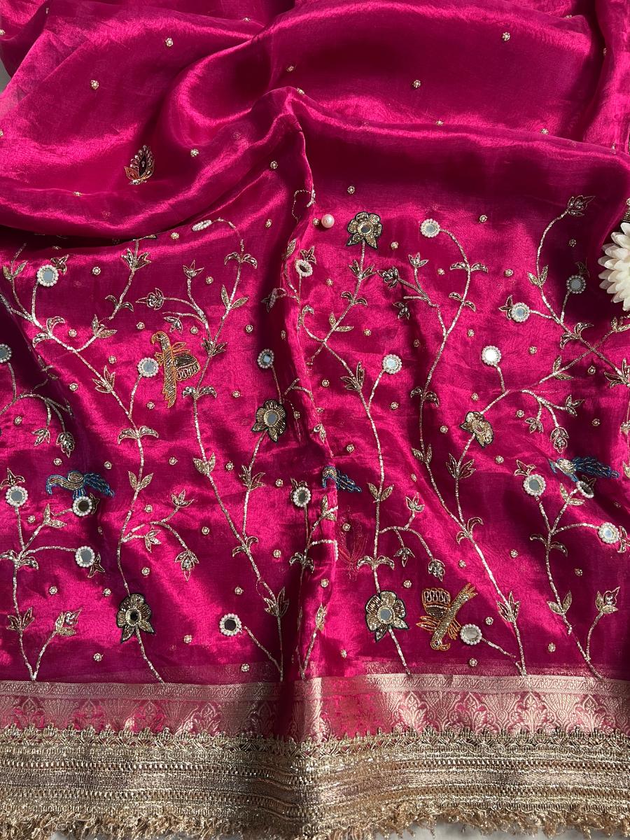Hot Pink Tissue Silk Saree Gulmohar Closeup view 02