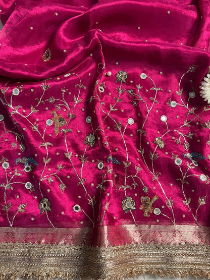 Hot Pink Tissue Silk Saree Gulmohar Closeup view 02